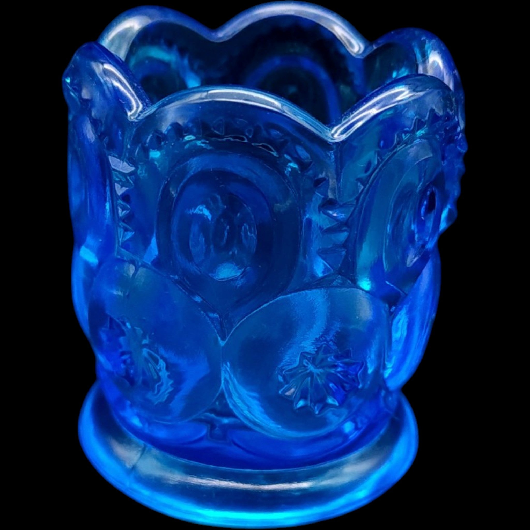 Smith Glass Blue Moon and Star Pressed Glass Toothpick Holder