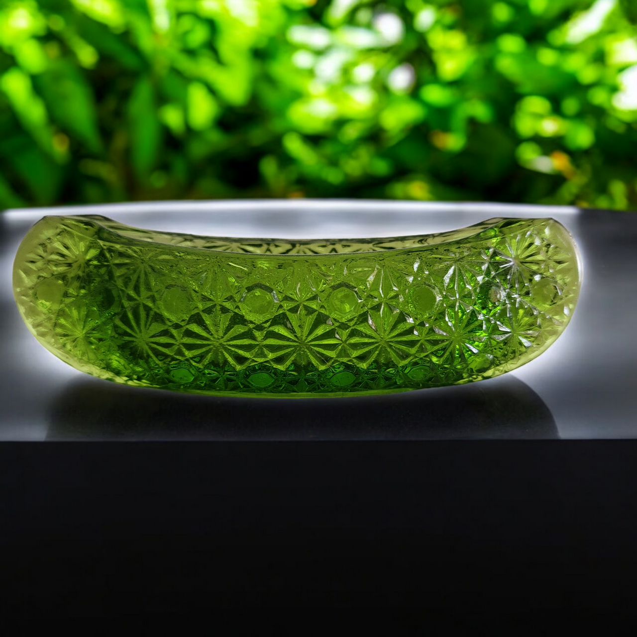 Smith Glass Daisy and Button Green Small Canoe Shape Bowl