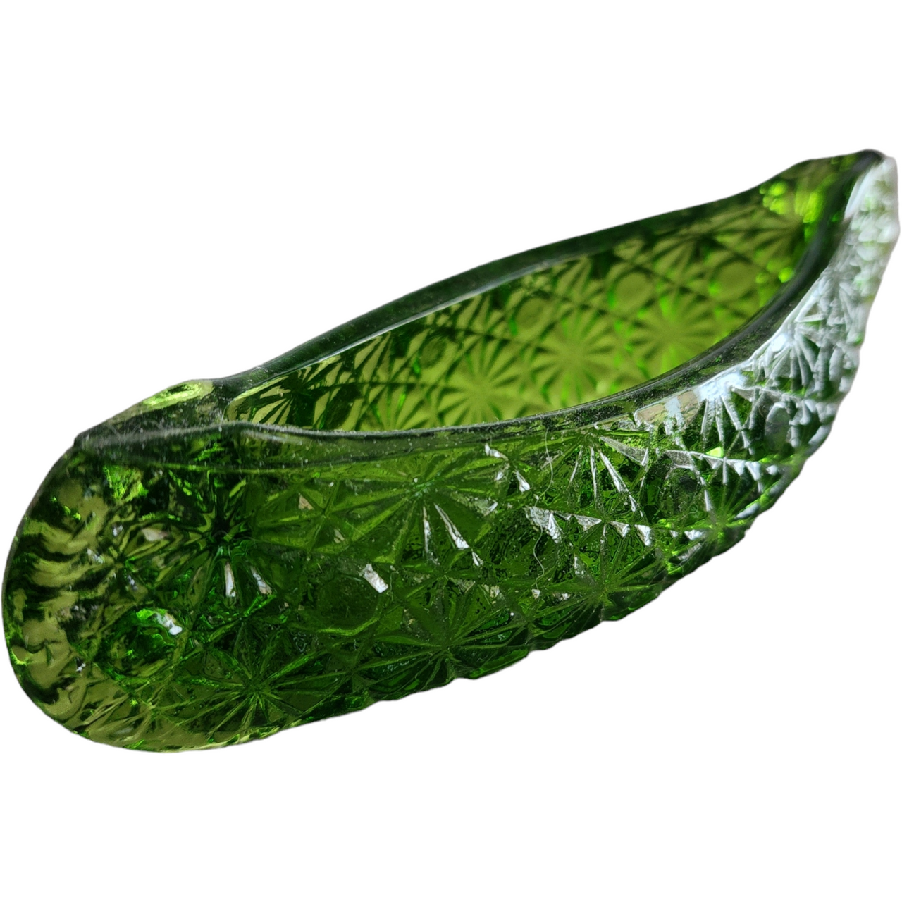 Smith Glass Daisy and Button Green Small Canoe Shape Bowl