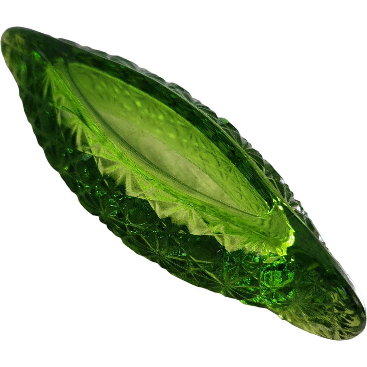 Smith Glass Daisy and Button Green Small Canoe Shape Bowl