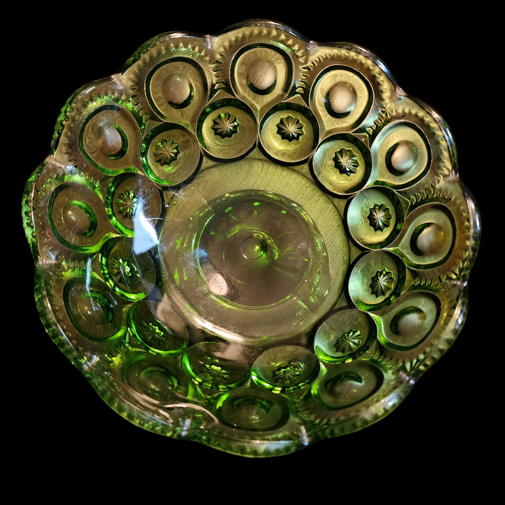7" Smith Glass Moon and Star Green Round Compote