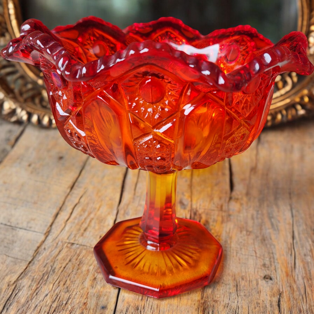 Smith Glass Quintec Amberina Star and Cane Panes Round Compote Dish