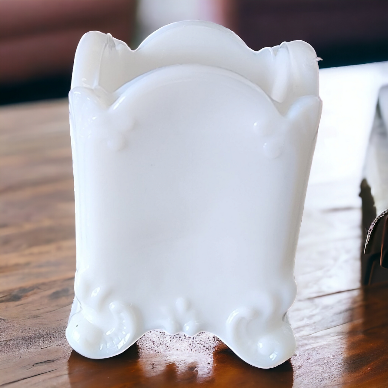 Square Milk Glass EAPG Toothpick Holder Ribbed and Scroll Pattern