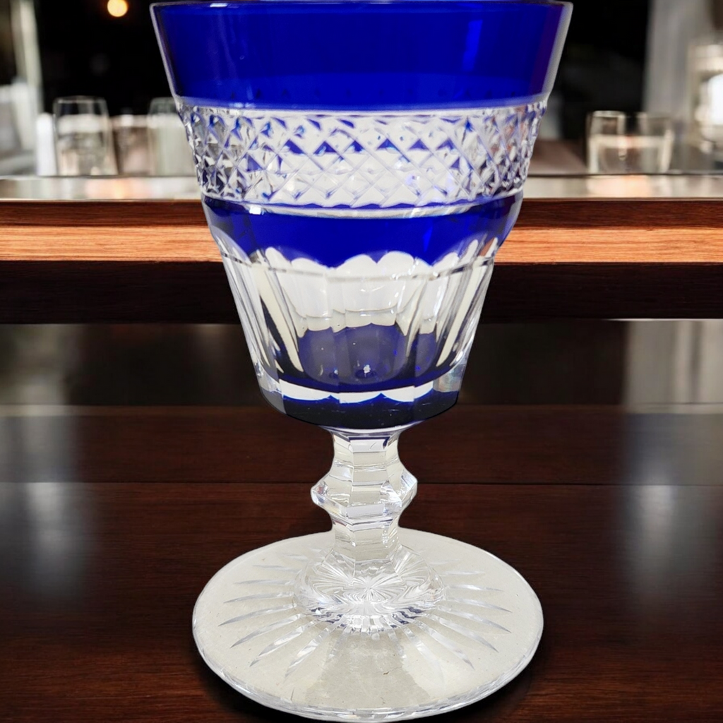 St Louis Cobalt Blue Bowl Cut Panels & Band Claret Wine Glass