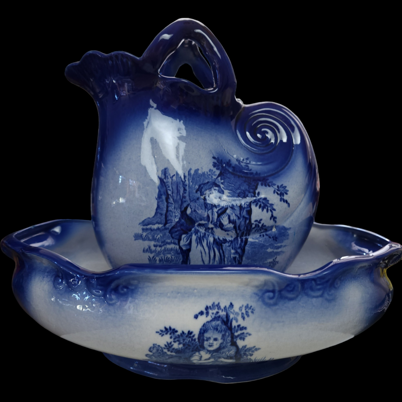 Staffordshire Chamber Set Ironstone Flo Blue Basin Pitcher Bowl England