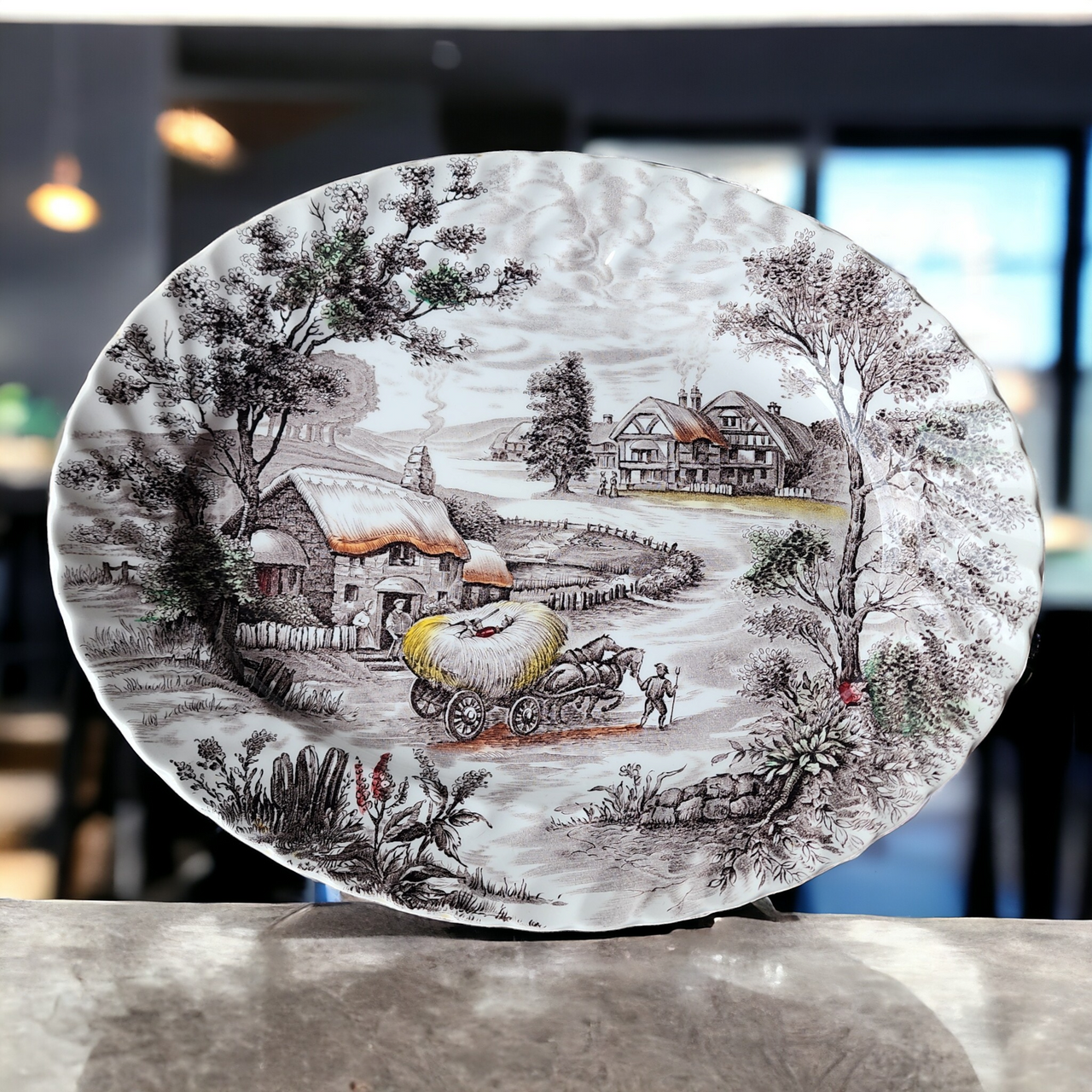 Staffordshire Yorkshire Multicolor Brown, Yellow, Red Hayride Scene 14" Oval Serving Platter