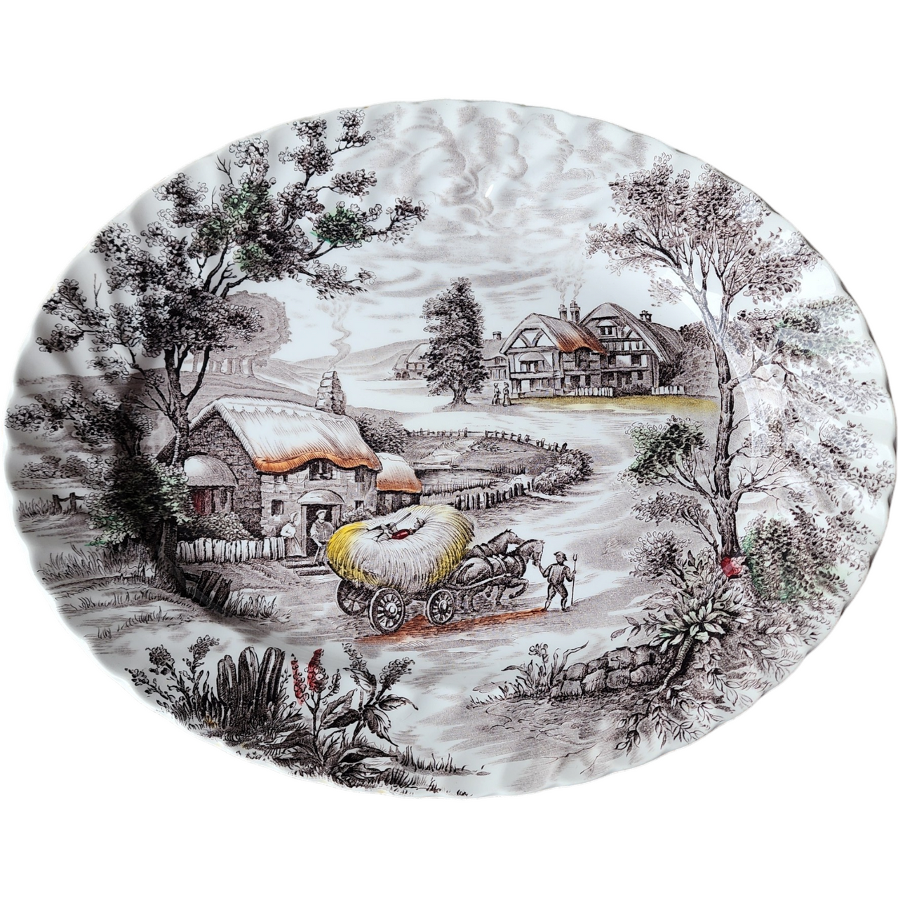Staffordshire Yorkshire Multicolor Brown, Yellow, Red Hayride Scene 14" Oval Serving Platter