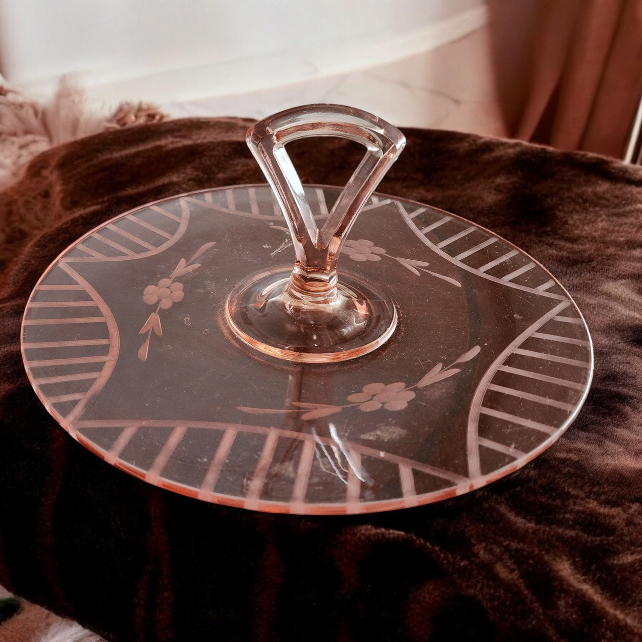 Standard Glass Pink Cut Floral & Lines Center Handle Tray