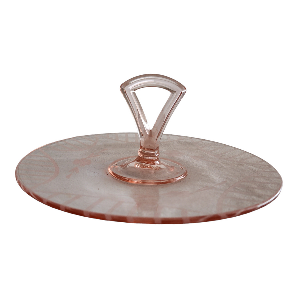 Standard Glass Pink Cut Floral & Lines Center Handle Tray