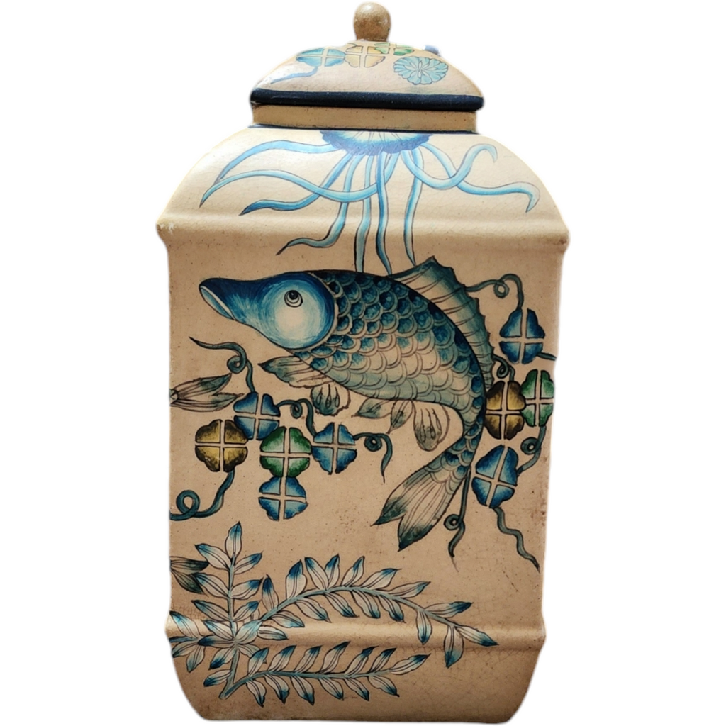 Andrea by Sadek Stunning Chinese Porcelain Jar with Intricate Fish and Flora Design
