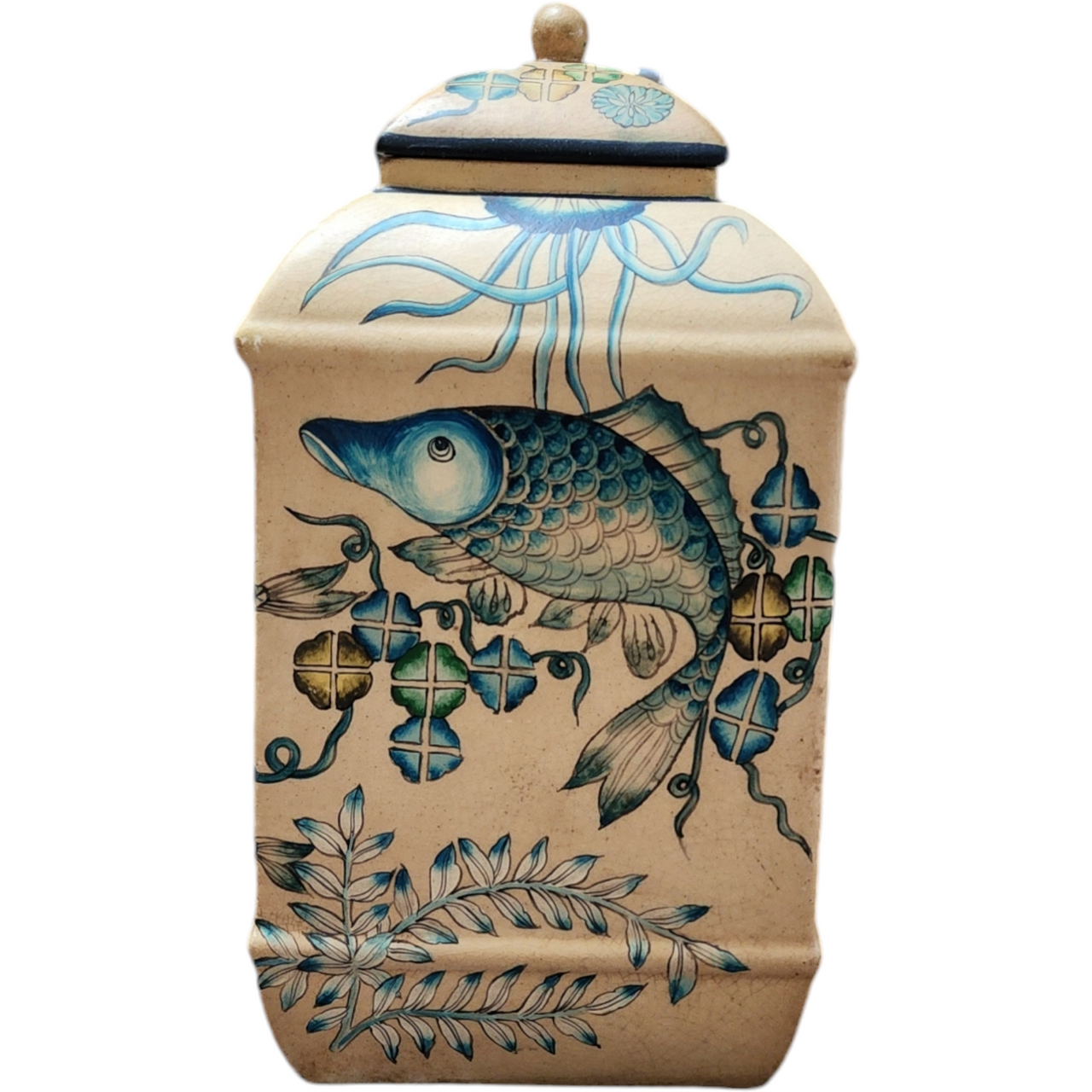 Andrea by Sadek Stunning Chinese Porcelain Jar with Intricate Fish and Flora Design