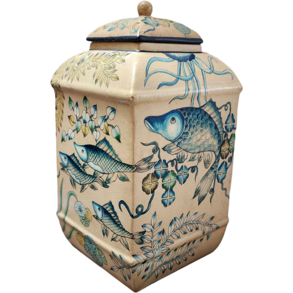 Andrea by Sadek Stunning Chinese Porcelain Jar with Intricate Fish and Flora Design