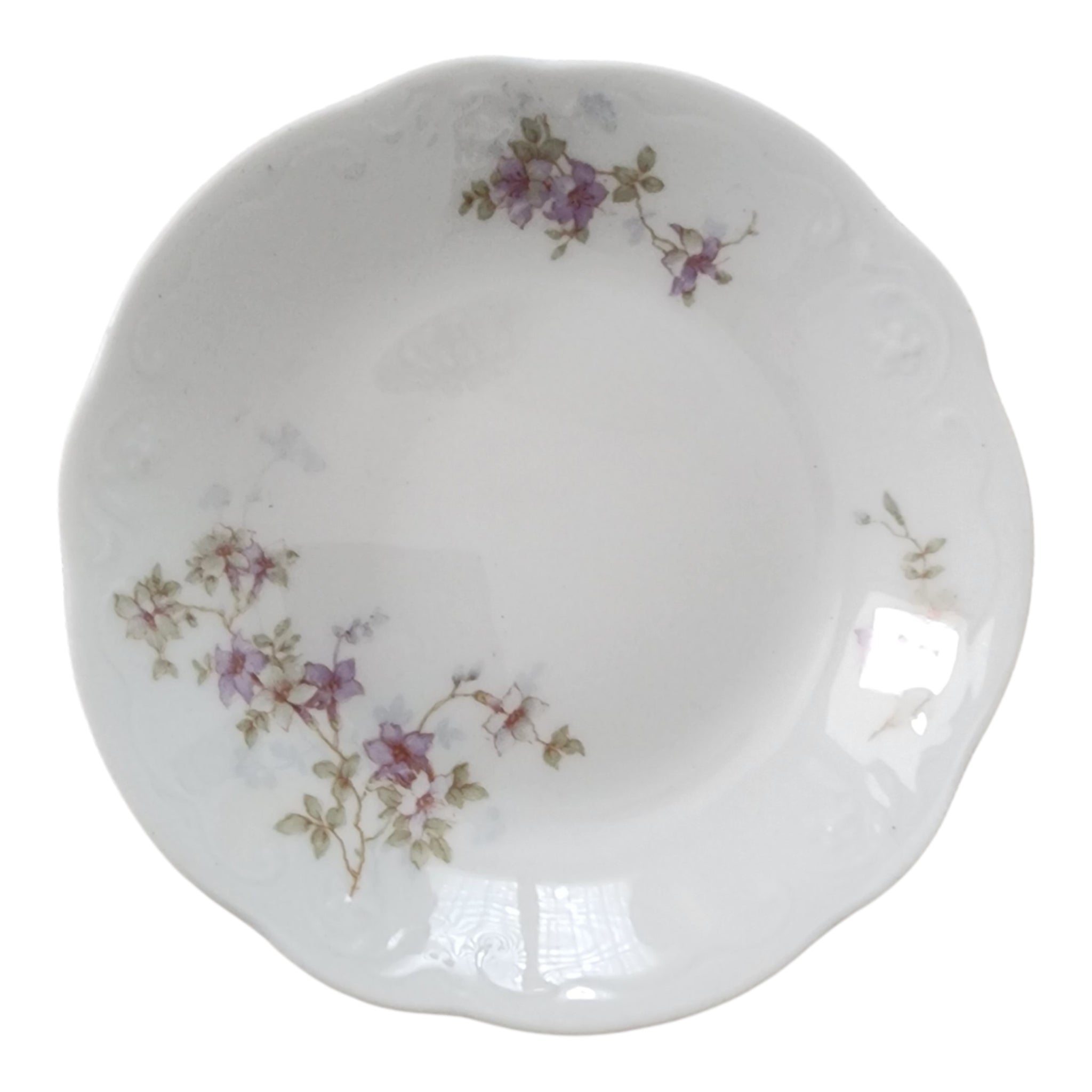 Syracuse China Purple Floral Sprigs & Embossed Rim Fruit Dessert Sauce Bowl