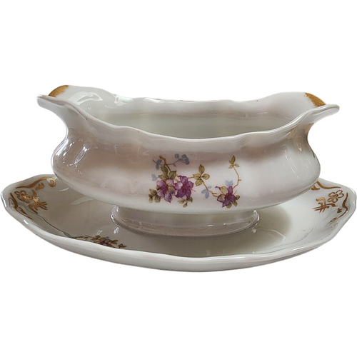 Syracuse Pink Roses Scalloped Embossed Gravy Boat with Attached Underplate