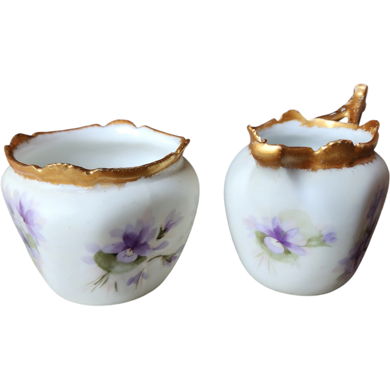 T&V Limoges France Hand-Painted Floral Design with Gold Accents Creamer & Sugar Set