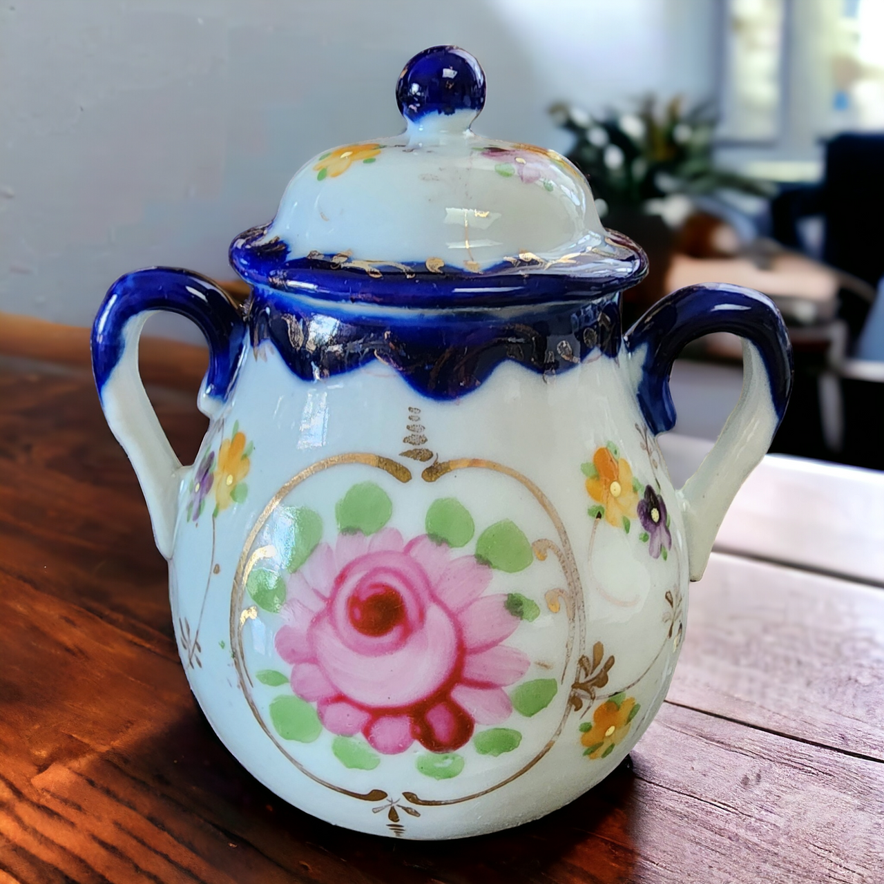 Takito Roses/Green Bow, Cobalt & Gold Band Sugar Bowl & Lid Japan