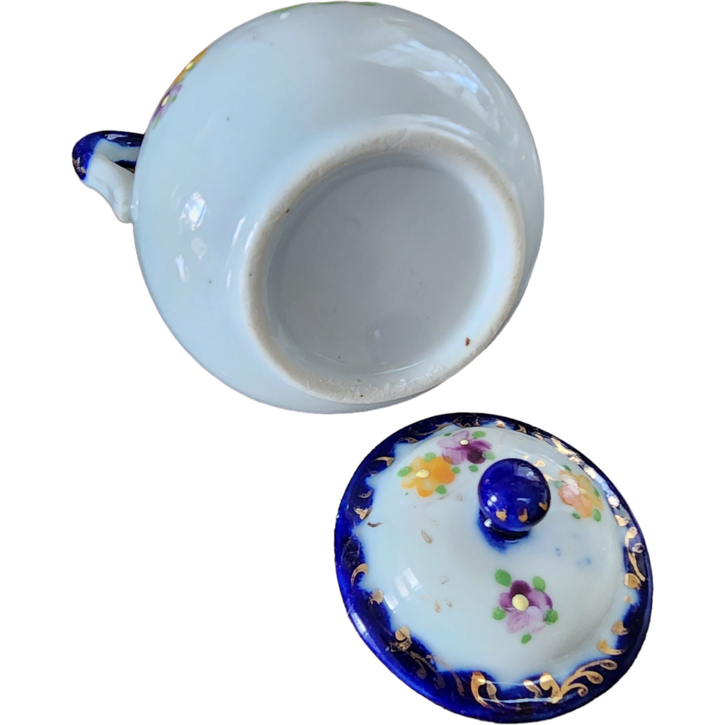 Takito Roses/Green Bow, Cobalt & Gold Band Sugar Bowl & Lid Japan