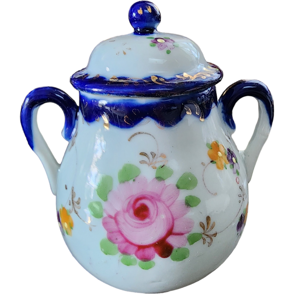 Takito Roses/Green Bow, Cobalt & Gold Band Sugar Bowl & Lid Japan