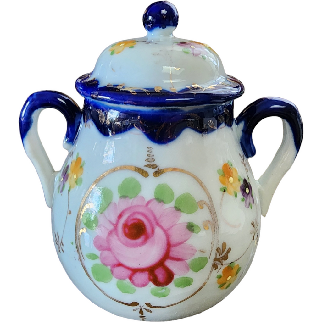 Takito Roses/Green Bow, Cobalt & Gold Band Sugar Bowl & Lid Japan