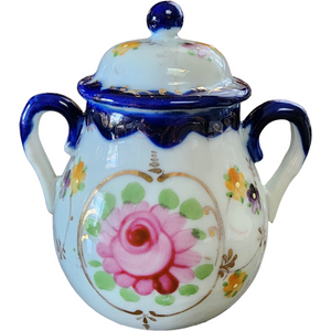 Takito Roses/Green Bow, Cobalt & Gold Band Sugar Bowl & Lid Japan