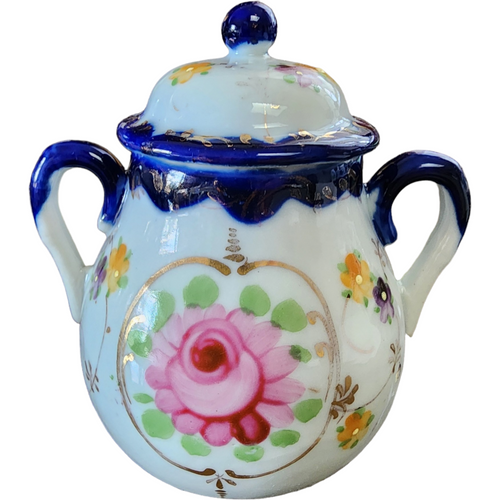 Takito Roses/Green Bow, Cobalt & Gold Band Sugar Bowl & Lid Japan