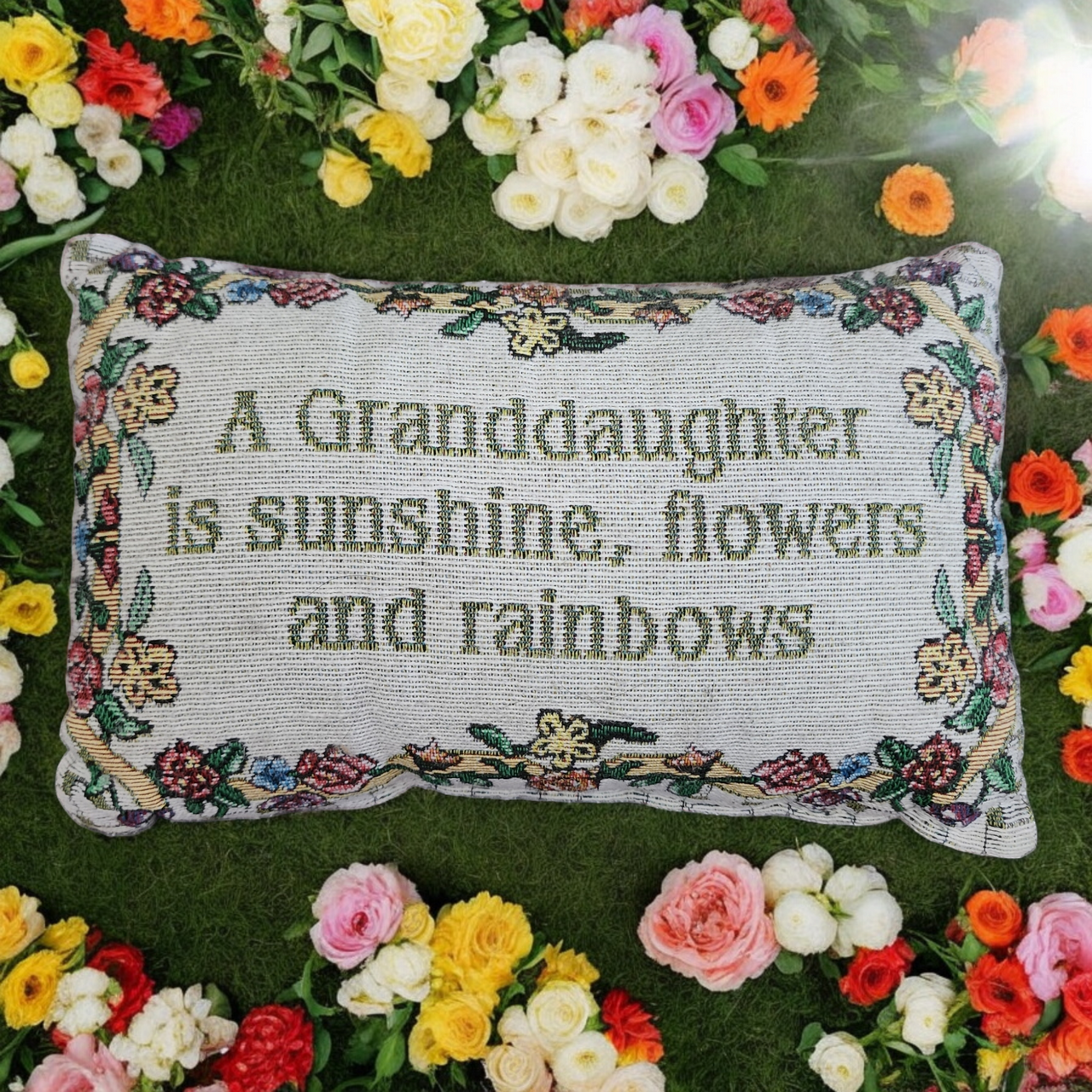 Tapestry Toss/Throw Pillow”A Granddaughter Is Sunshine, Flowers & Rainbows"