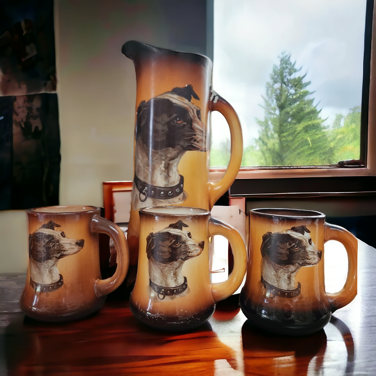 Taylor Smith & Taylor Pitcher & 3 Mugs With Terrier Dog