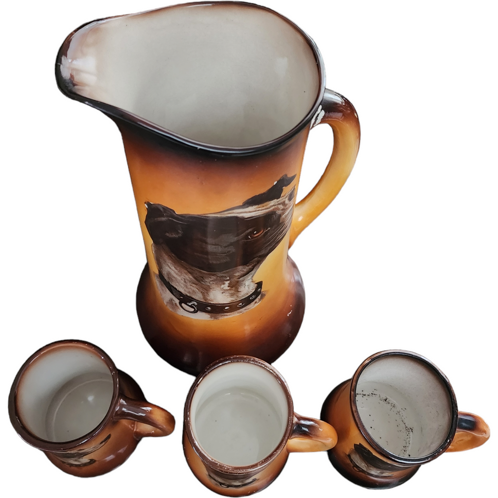 Taylor Smith & Taylor Pitcher & 3 Mugs With Terrier Dog
