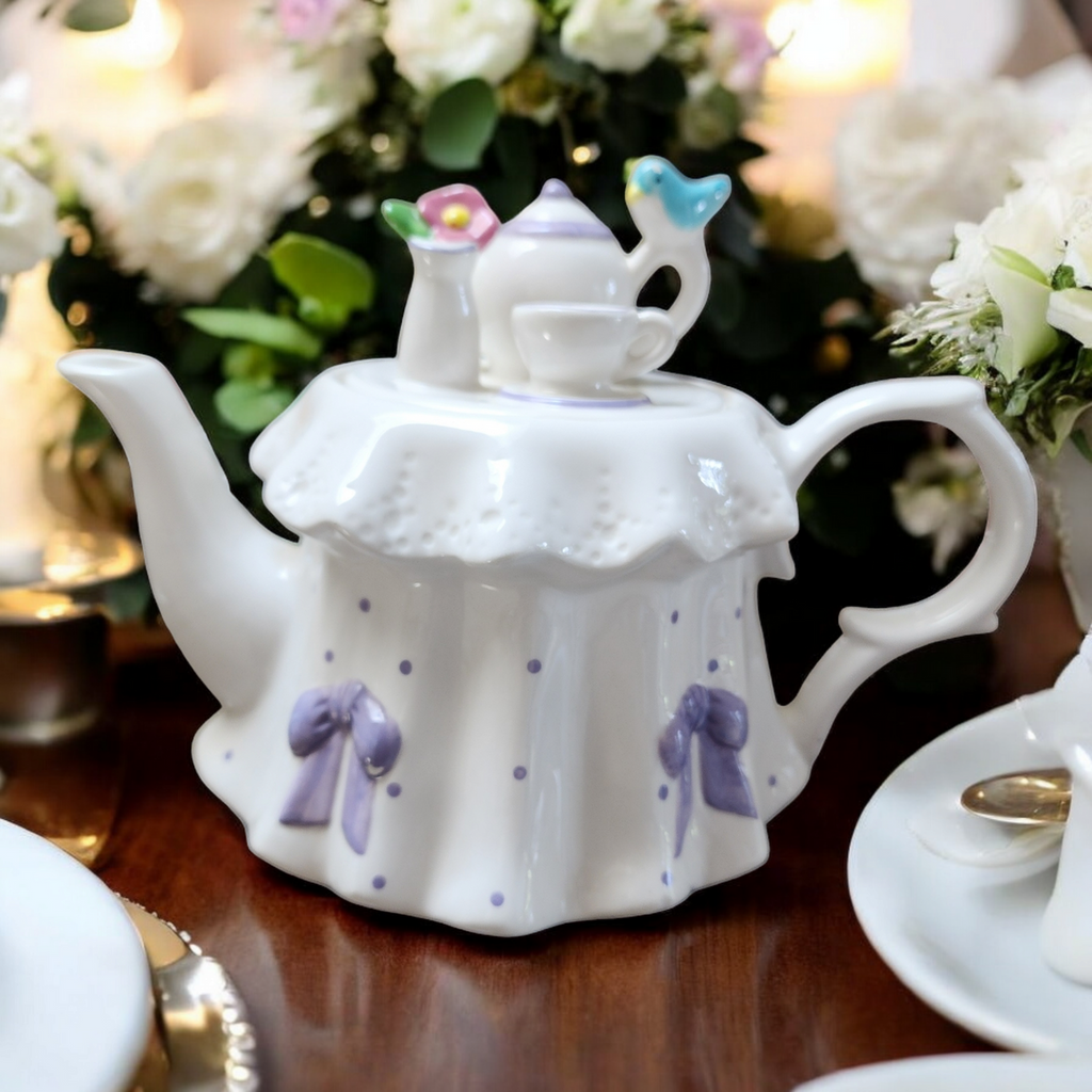 Teleflora Lavender Polka Dots & Bows Princess Tea Party Teapot