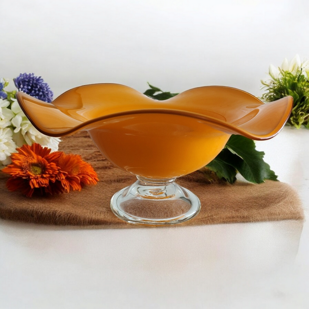 Teleflora MCM Orange Handblown Art Glass Ruffled Footed Compote Pedestal Bowl