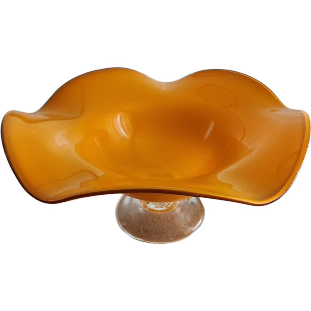 Teleflora MCM Orange Handblown Art Glass Ruffled Footed Compote Pedestal Bowl