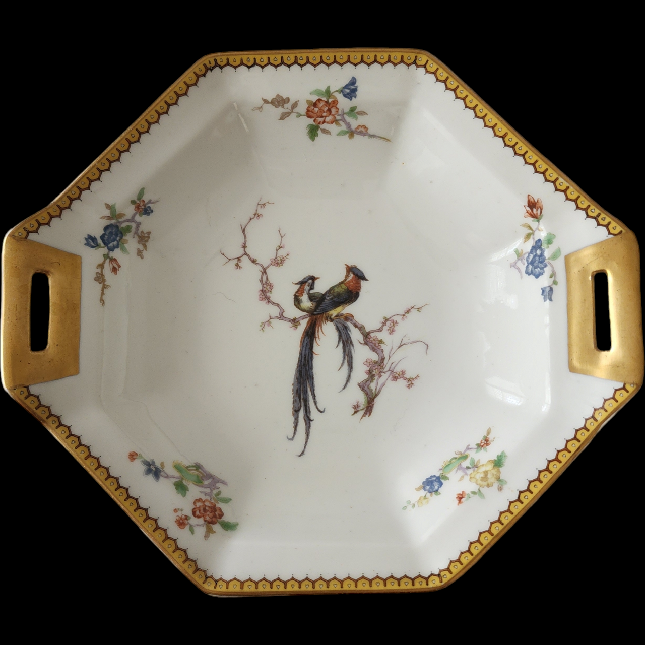 Antique Theodore Haviland Limoges France Round Vegetable Bowl Bird & Floral with Gold Trim Early 1900s Porcelain