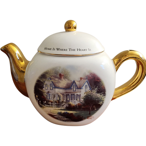 Thomas Kinkade “Home Is Where The Heart Is II” Teapot Teleflora Gift, Gold Trim, Vintage Collectible