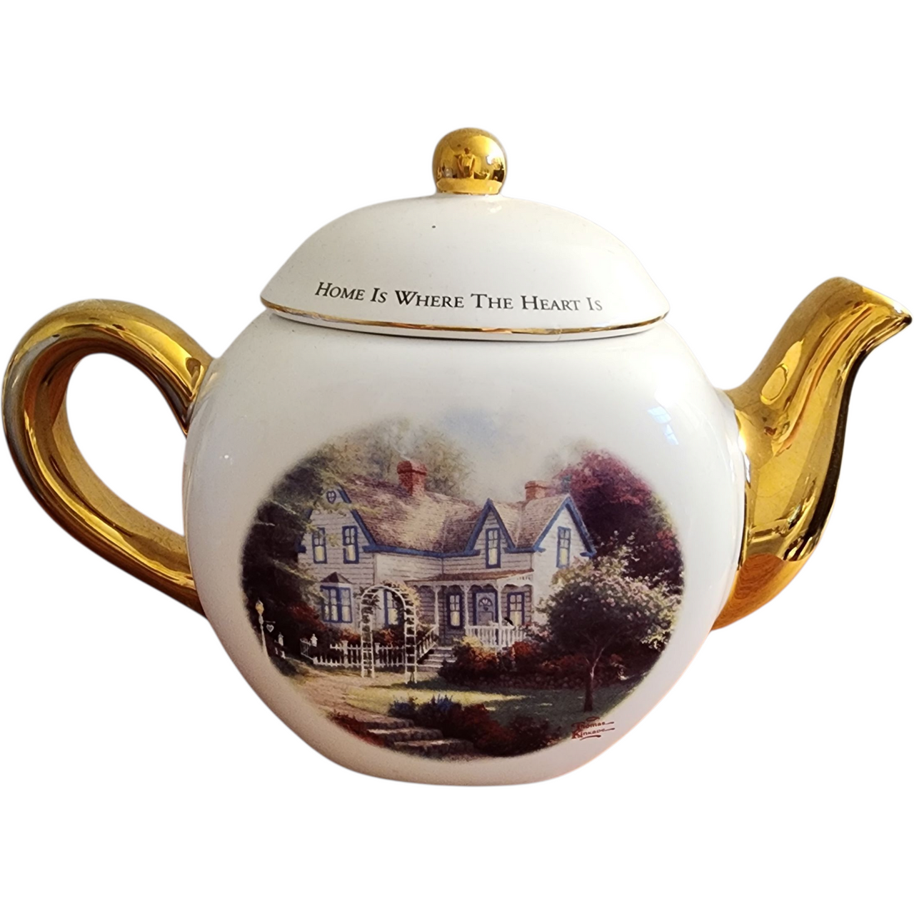 Thomas Kinkade “Home Is Where The Heart Is II” Teapot Teleflora Gift, Gold Trim, Vintage Collectible