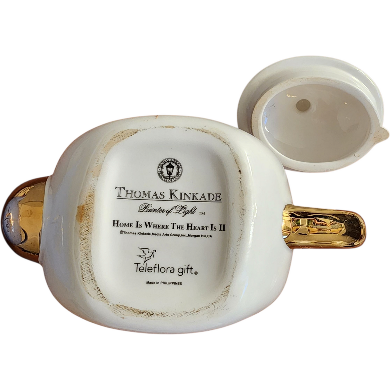 Thomas Kinkade “Home Is Where The Heart Is II” Teapot Teleflora Gift, Gold Trim, Vintage Collectible