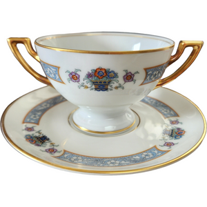Thomas The Brunswick Blue Band Flower Basket Smooth Footed Bouillon Cup & Saucer