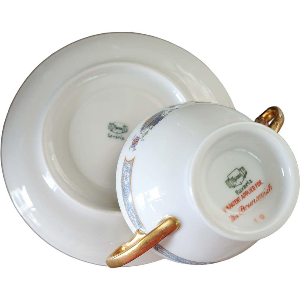 Thomas The Brunswick Blue Band Flower Basket Smooth Footed Bouillon Cup & Saucer