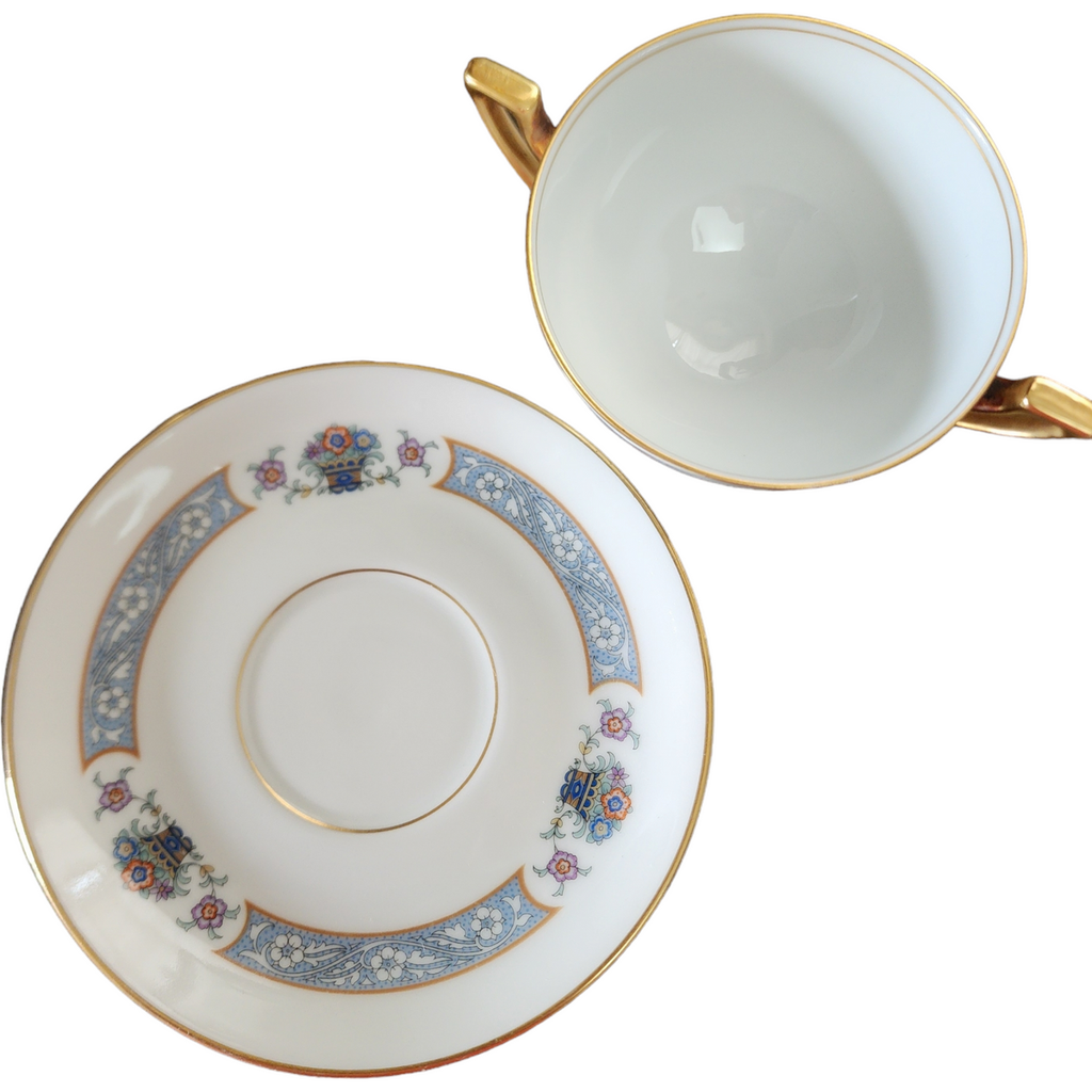 Thomas The Brunswick Blue Band Flower Basket Smooth Footed Bouillon Cup & Saucer