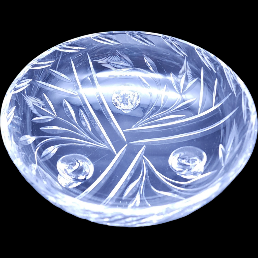 Three Footed Cut Crystal Flowers & Leaves Design Candy Dish Bowl