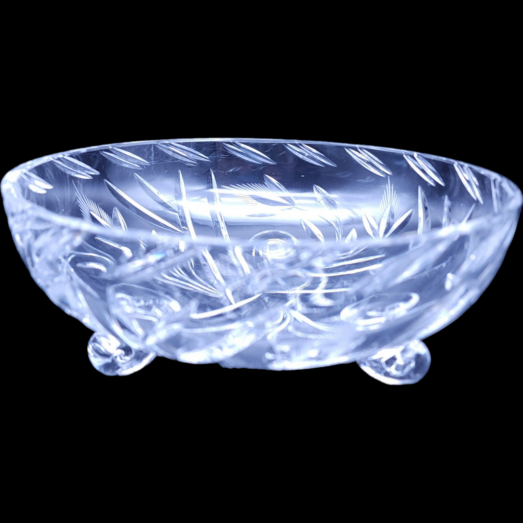 Three Footed Cut Crystal Flowers & Leaves Design Candy Dish Bowl