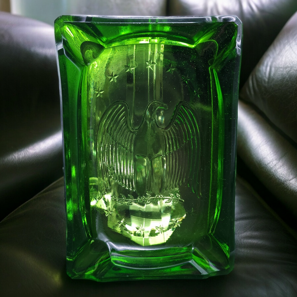 Tiara Indiana Glass Emerald Green Embossed American Seal Eagle Stars Ashtray
