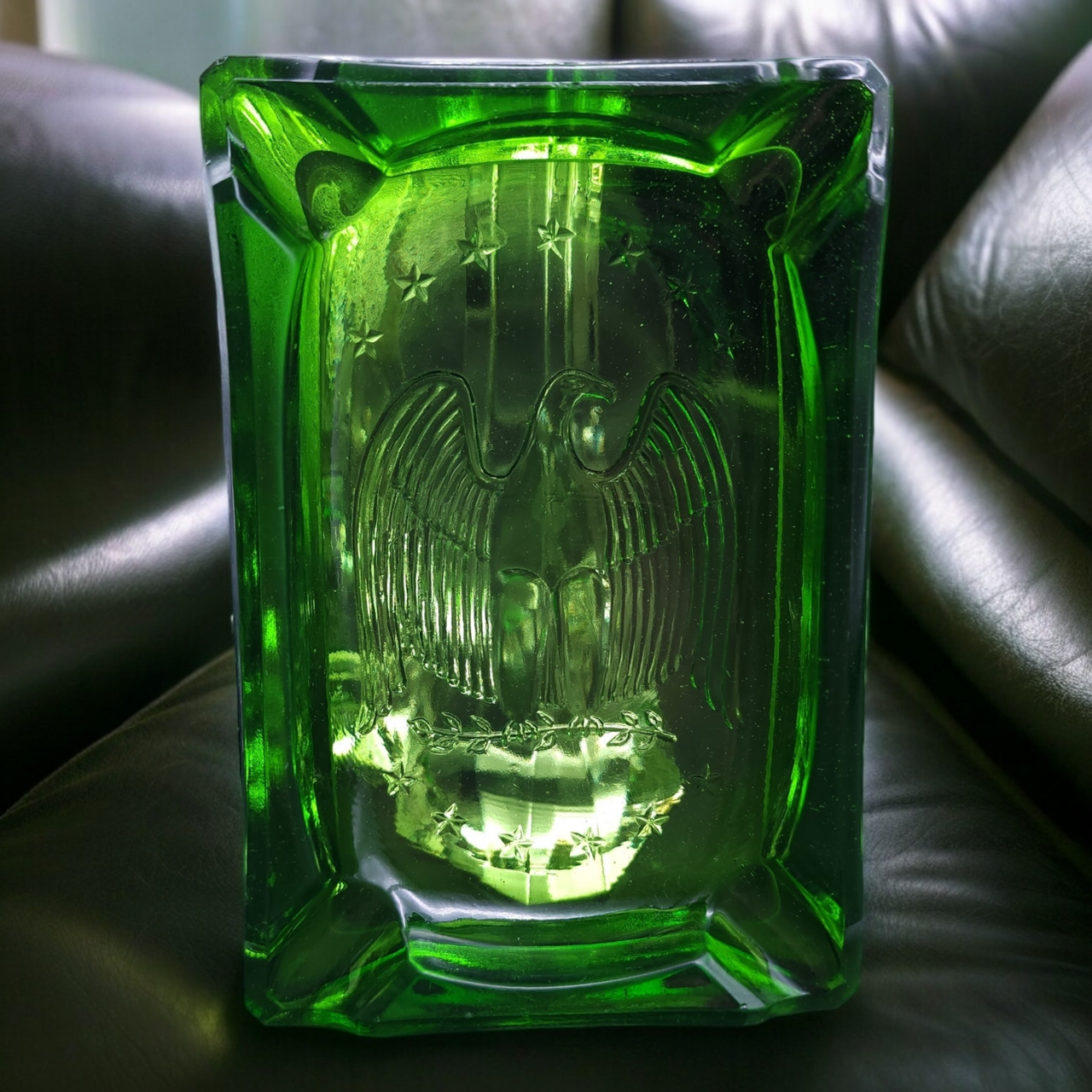Tiara Indiana Glass Emerald Green Embossed American Seal Eagle Stars Ashtray