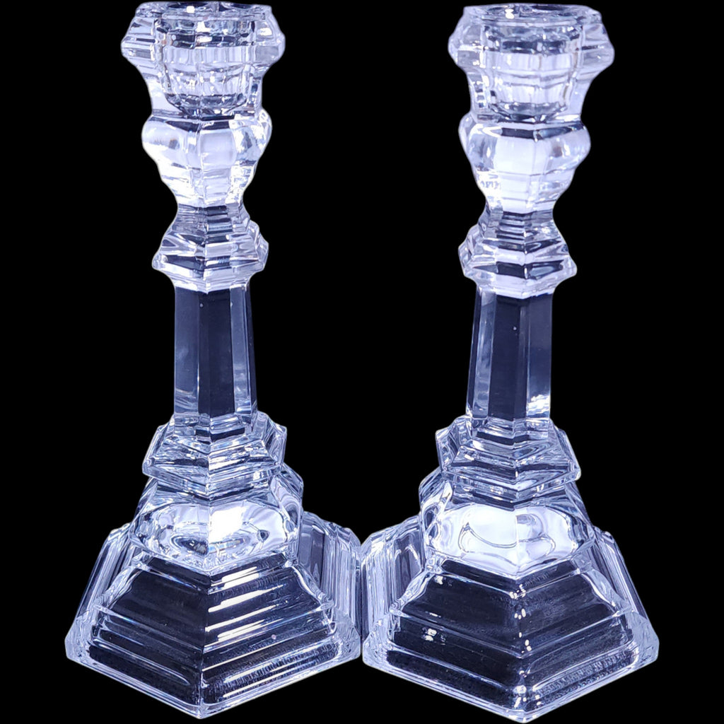 Tiffany & Co. Plymouth 8" Clear Glass Candlestick Taper Candleholders - Pair