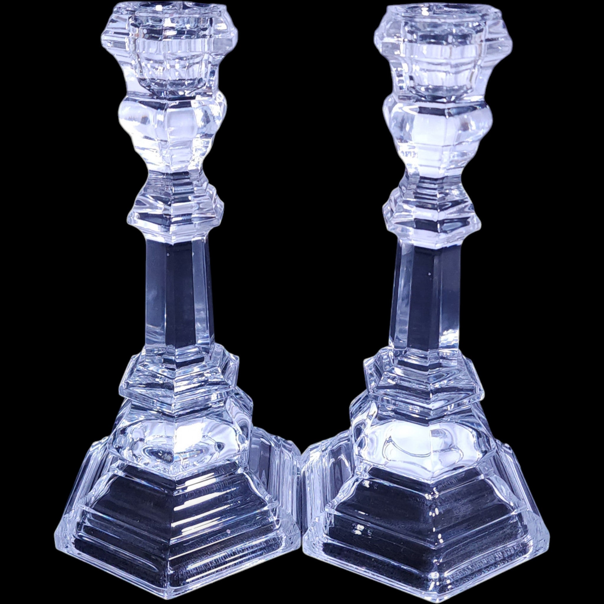Tiffany & Co. Plymouth 8" Clear Glass Candlestick Taper Candleholders - Pair