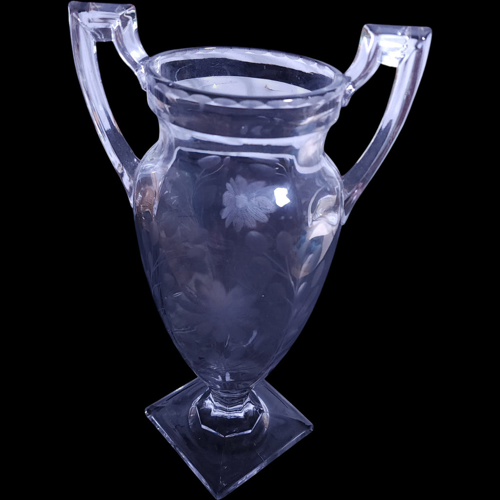 Tiffin Trophy Two-Handled Etched Glass Floral Urn Vase