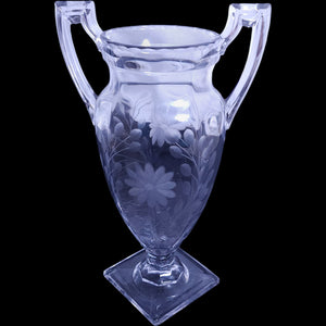 Tiffin Trophy Two-Handled Etched Glass Floral Urn Vase