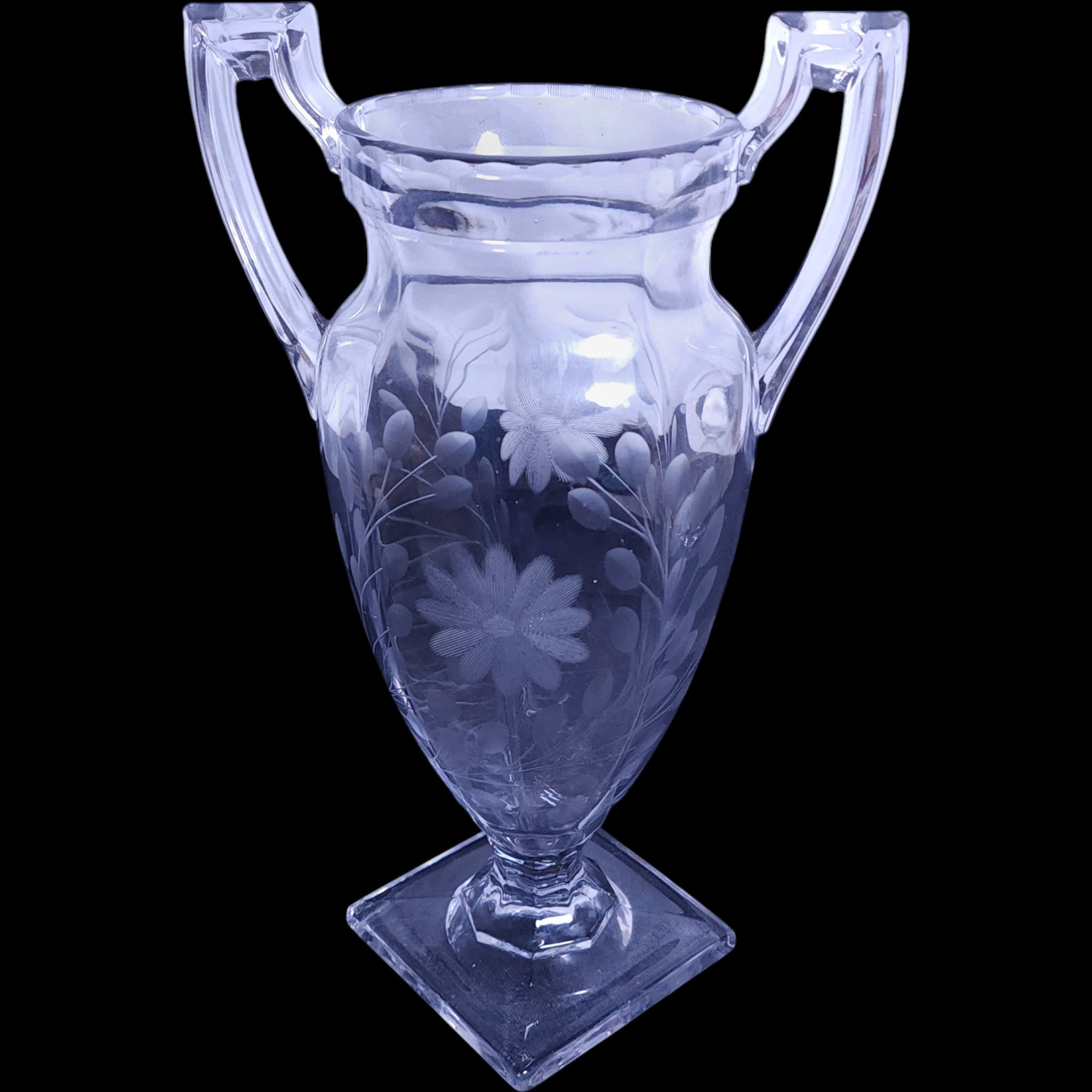 Tiffin Trophy Two-Handled Etched Glass Floral Urn Vase