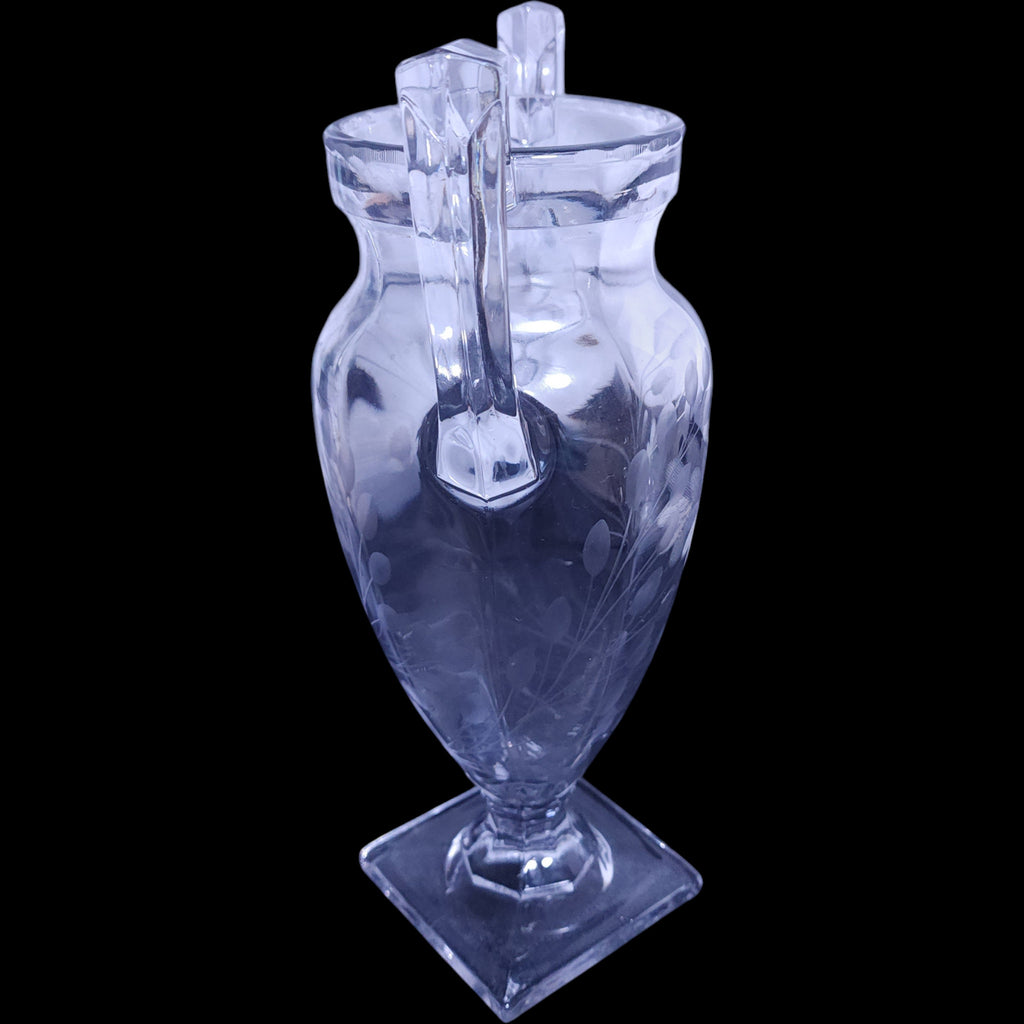 Tiffin Trophy Two-Handled Etched Glass Floral Urn Vase