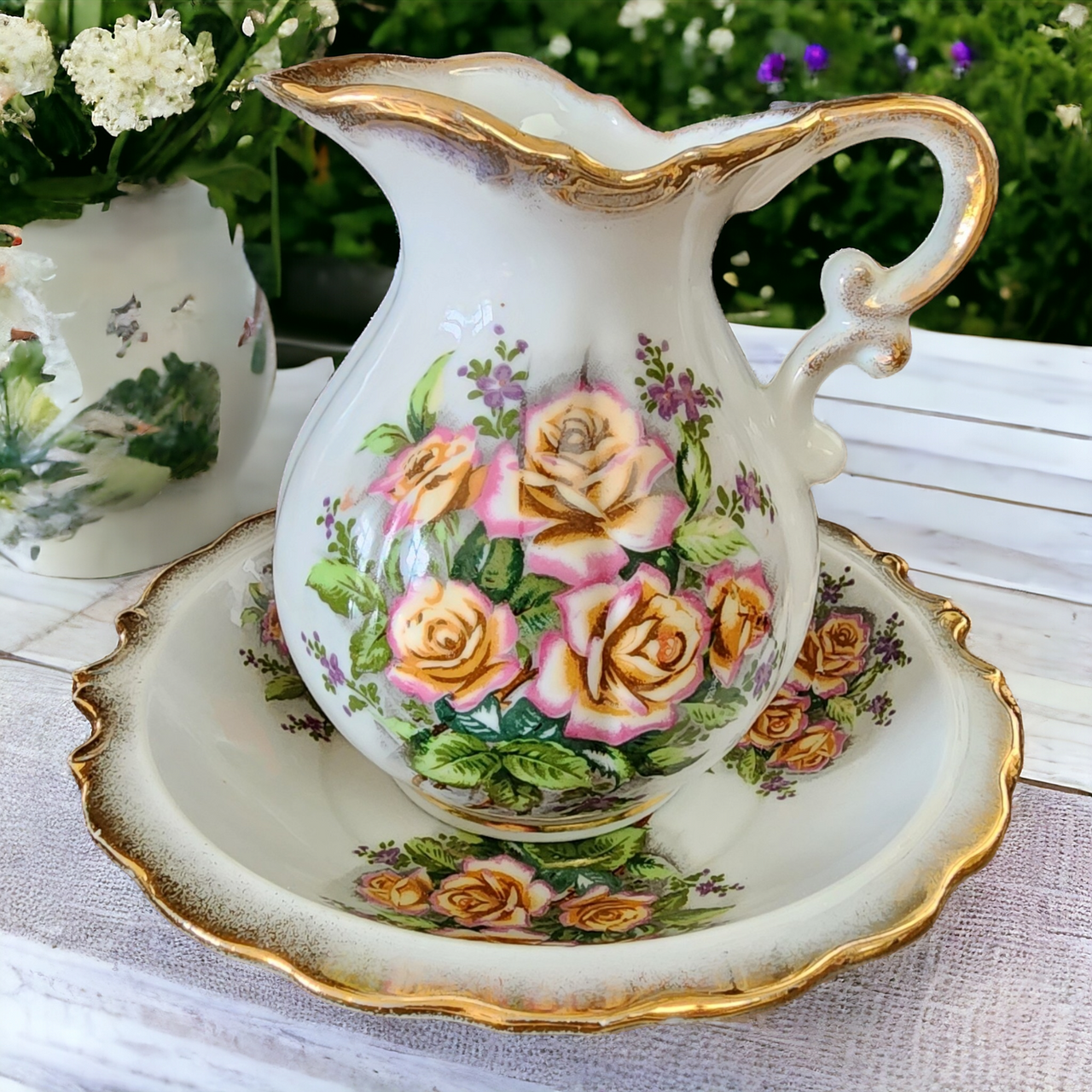Tilso Heritage Pink Roses Green Background Gold Trim 20 Oz Pitcher and Bowl Set