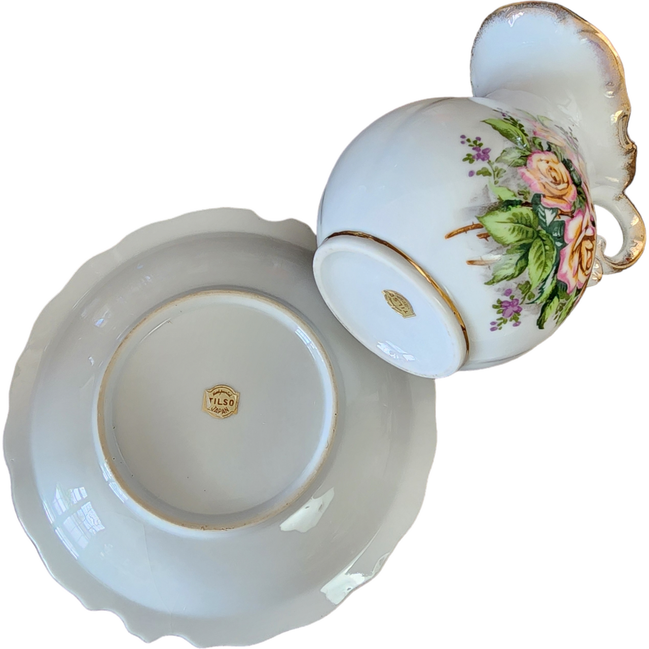 Tilso Heritage Pink Roses Green Background Gold Trim 20 Oz Pitcher and Bowl Set
